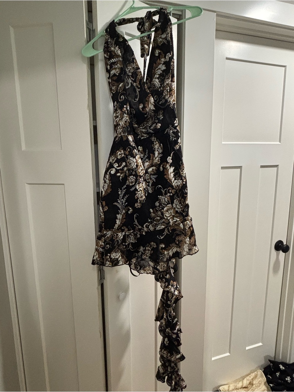 12th Tribe Black Floral Asymmetrical Ruffle Halter Dress